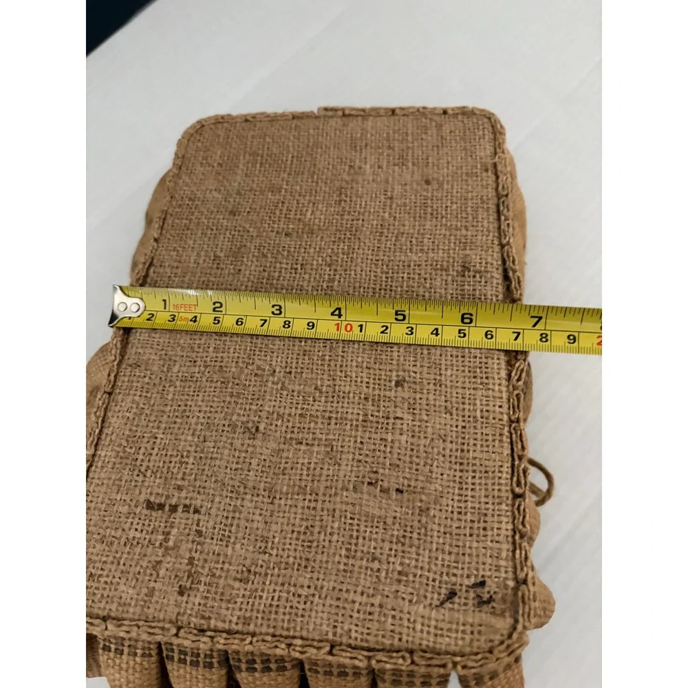 VTG Handmade Burlap Basket Farmhouse Primitive Rustic‎ Tan Blue Floral Handle